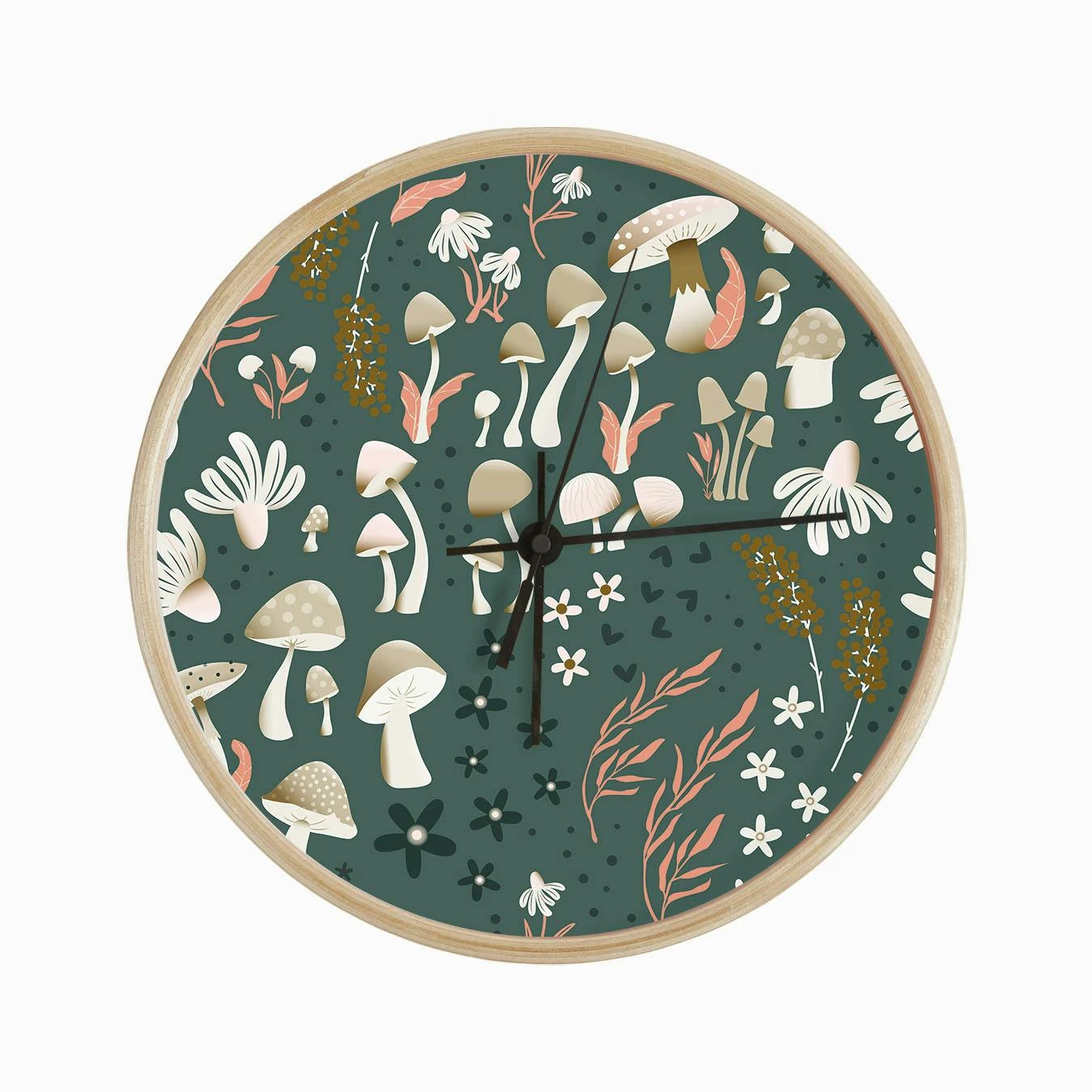 Mushrooms And Florals Pattern On Green Clock - Image 2