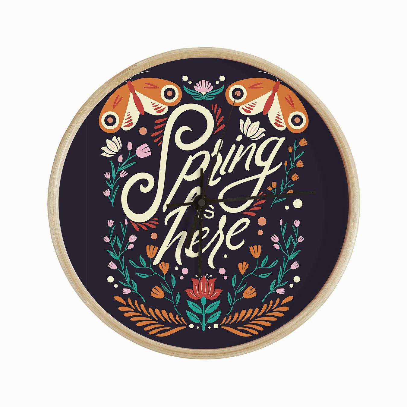 Spring Is Here Hand Lettering With Flowers And Moths On Deep Purple Clock - Image 2