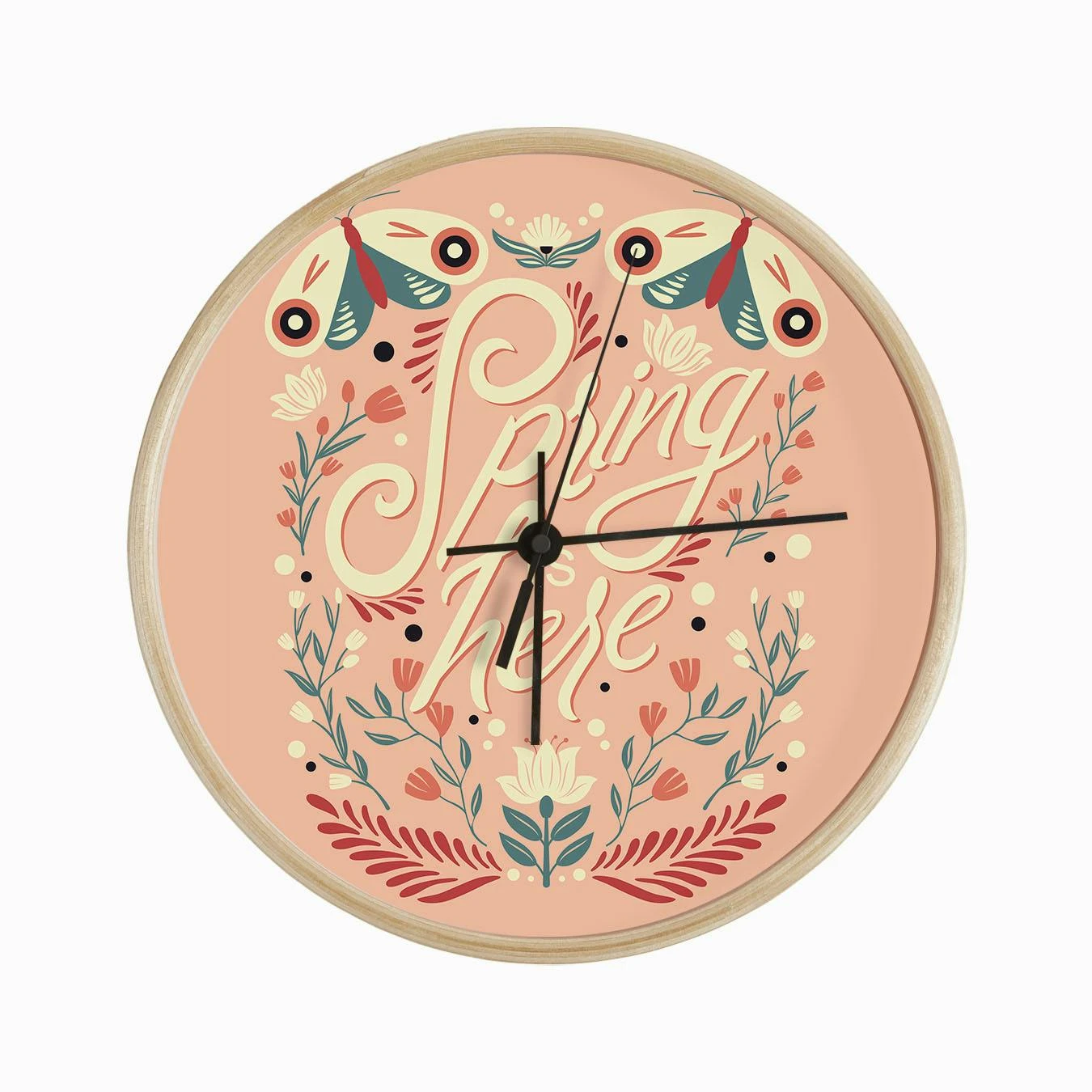 Spring Is Here Hand Lettering With Flowers And Moths On Pink Clock - Image 2
