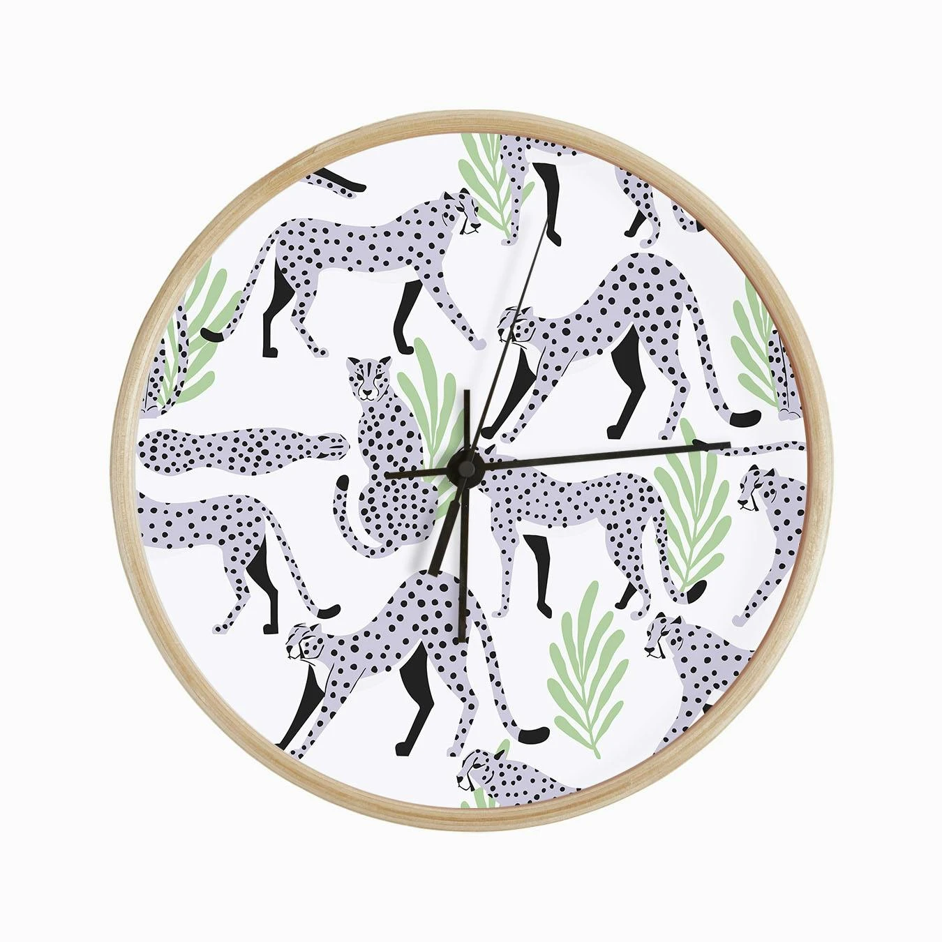 Tropical Light Purple Cheetah Pattern On White With Green Florals Clock - Image 2
