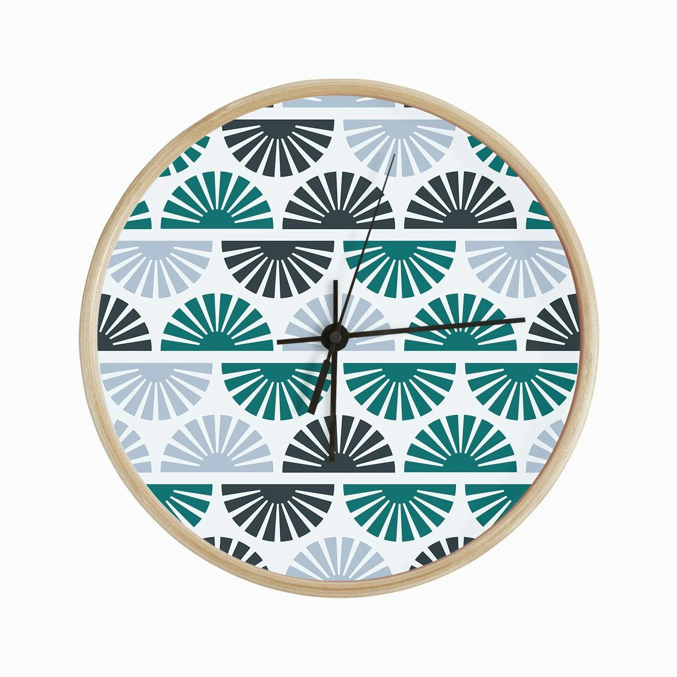 Geometric Pattern With Blue And Green Sunrise On Light Blue Clock - Image 2