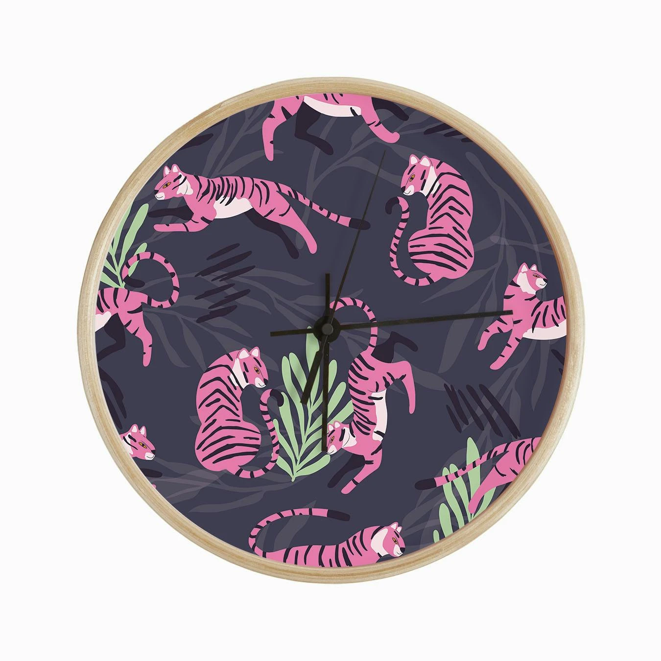 Pink Tiger Pattern On Purple With Floral Decoration Clock - Image 2