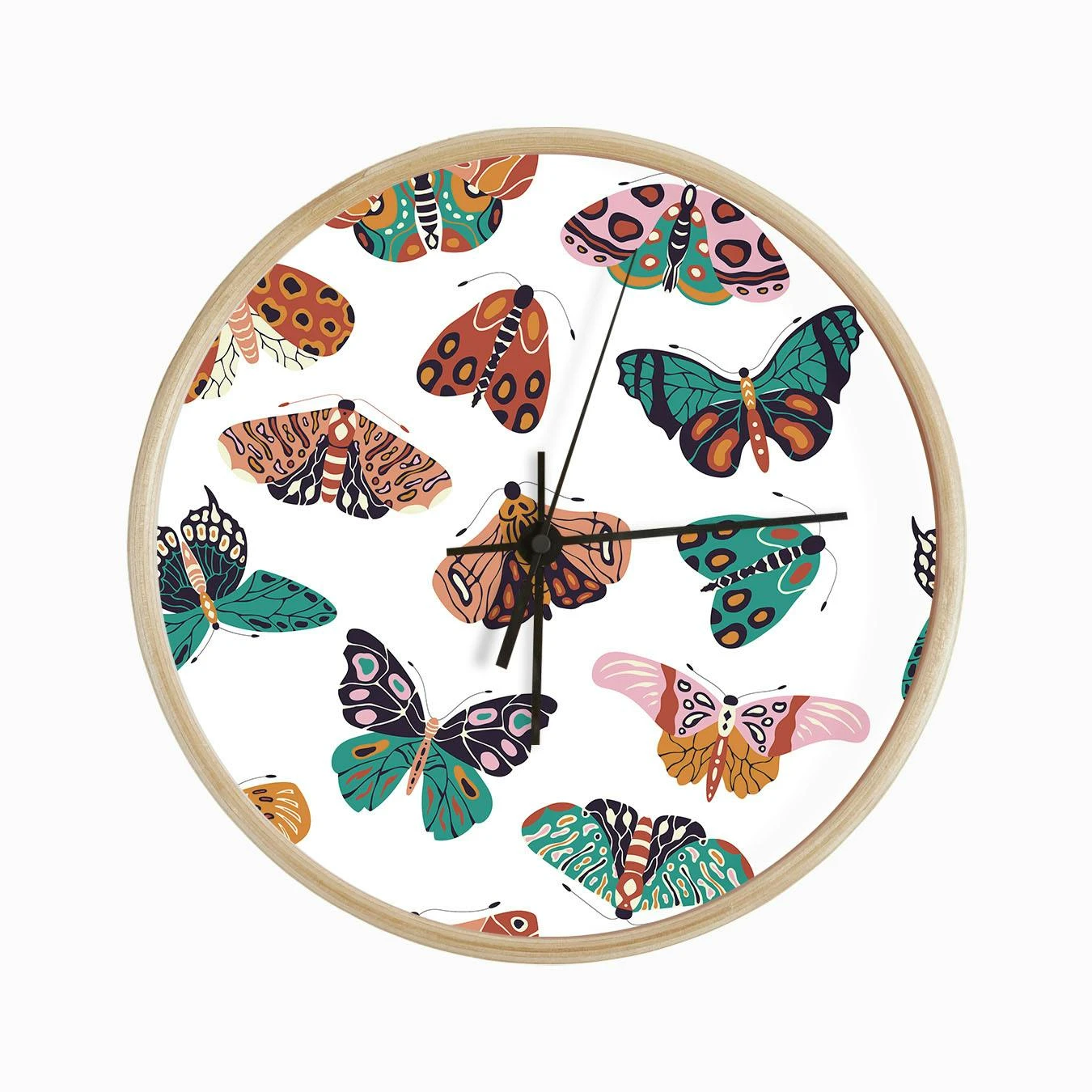 Colorful Hand Drawn Moths And Butterflies Pattern On White Clock - Image 2