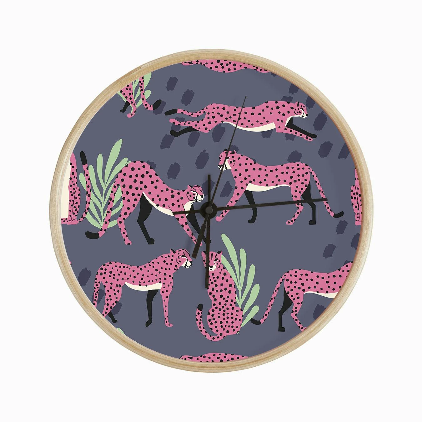 Tropical Pink Cheetah Pattern On Purple With Florals And Decoration Clock - Image 2