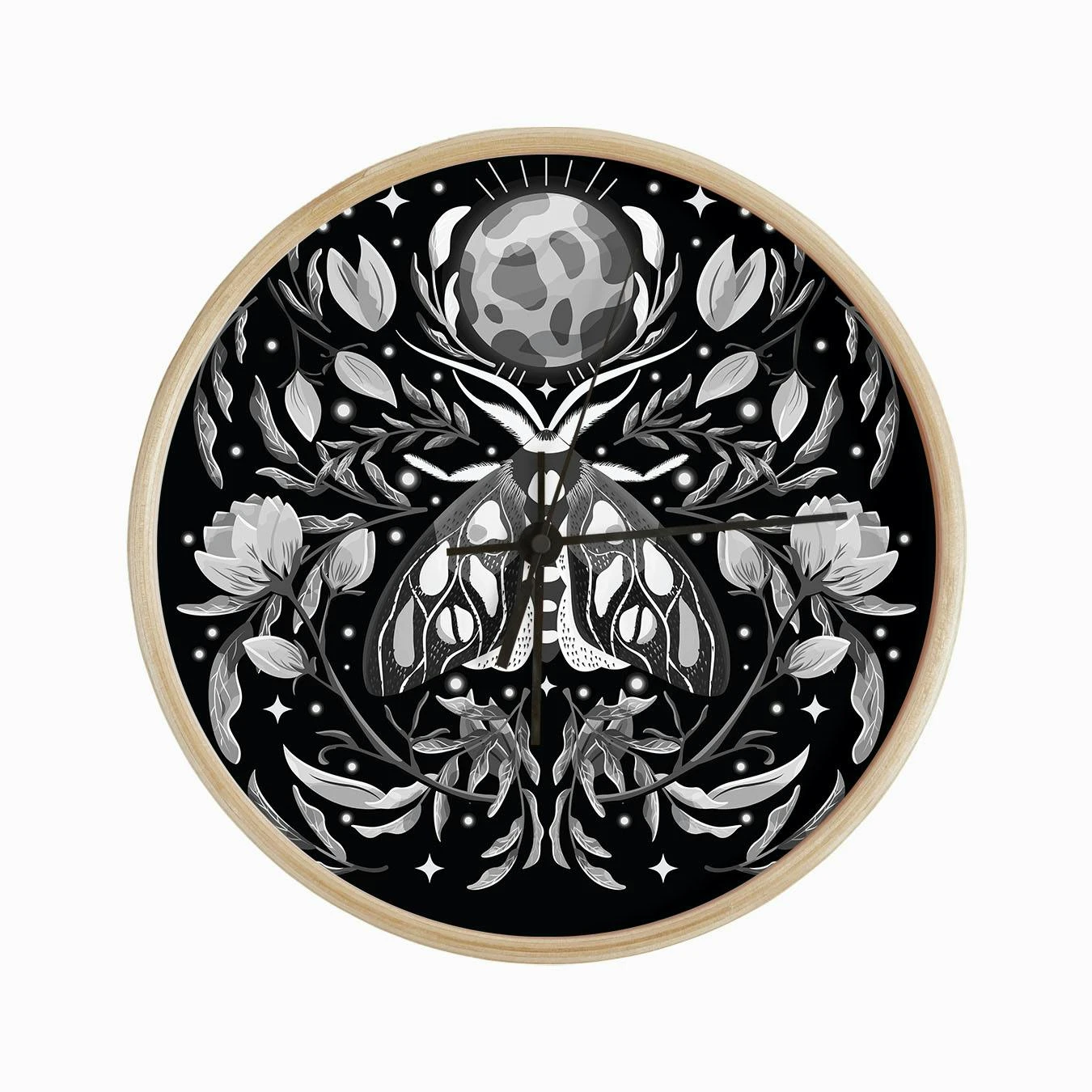 Night Black And White Moth On Floral Background And Moon Clock - Image 2