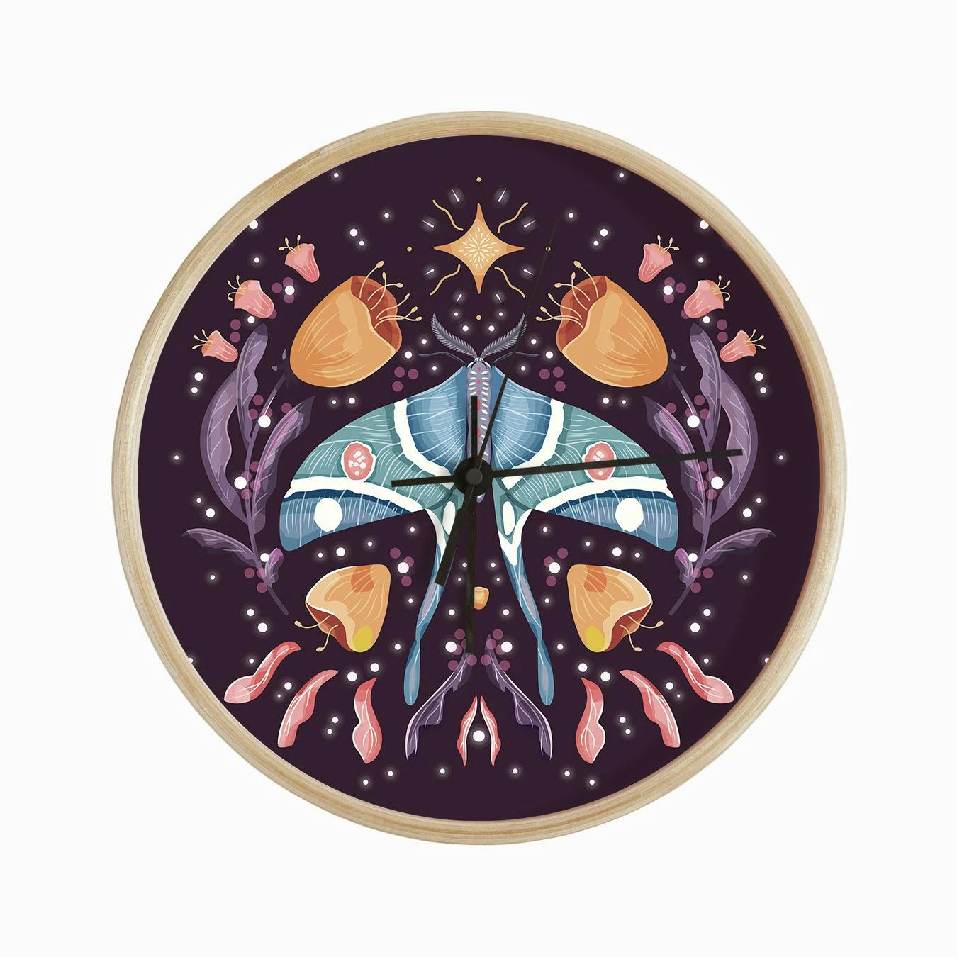 Night Blue Moth On Floral Purple Background And Decoration Clock - Image 2