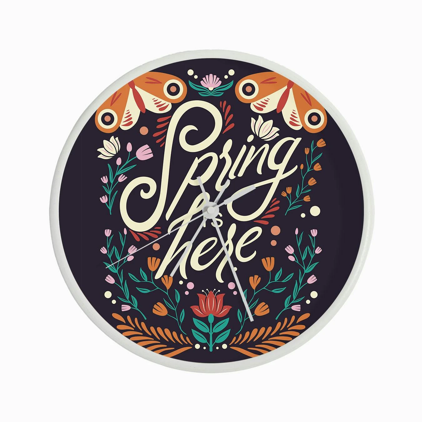 Spring Is Here Hand Lettering With Flowers And Moths On Deep Purple Clock - Image 3