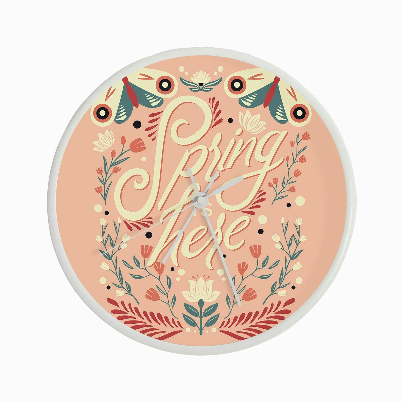 Spring Is Here Hand Lettering With Flowers And Moths On Pink Clock - Image 3