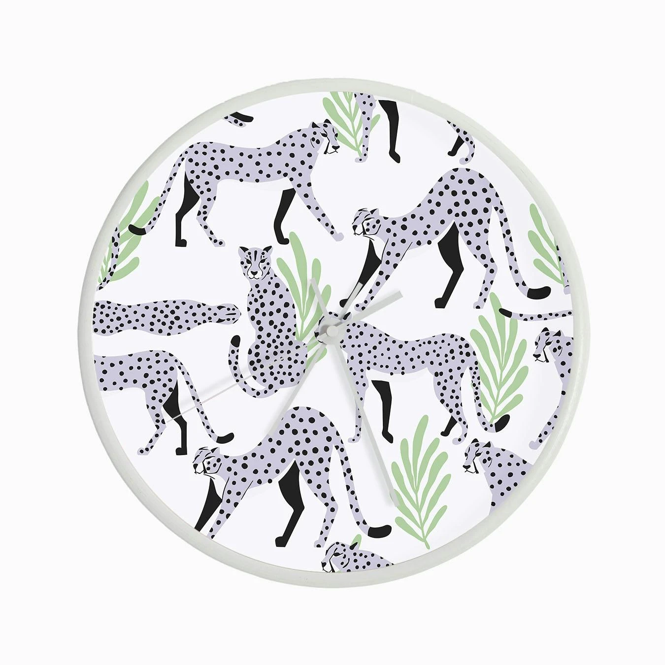 Tropical Light Purple Cheetah Pattern On White With Green Florals Clock - Image 3