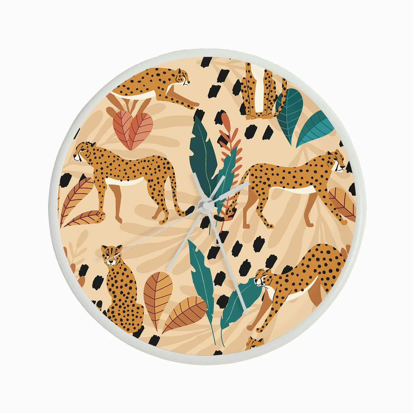 Tropical Cheetah Pattern On Beige With Colorful Florals And Decoration Clock - Image 3