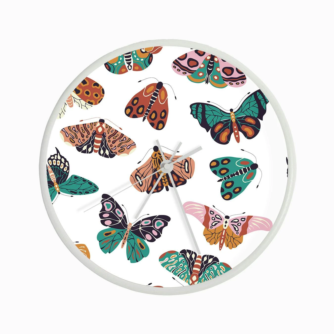 Colorful Hand Drawn Moths And Butterflies Pattern On White Clock - Image 3