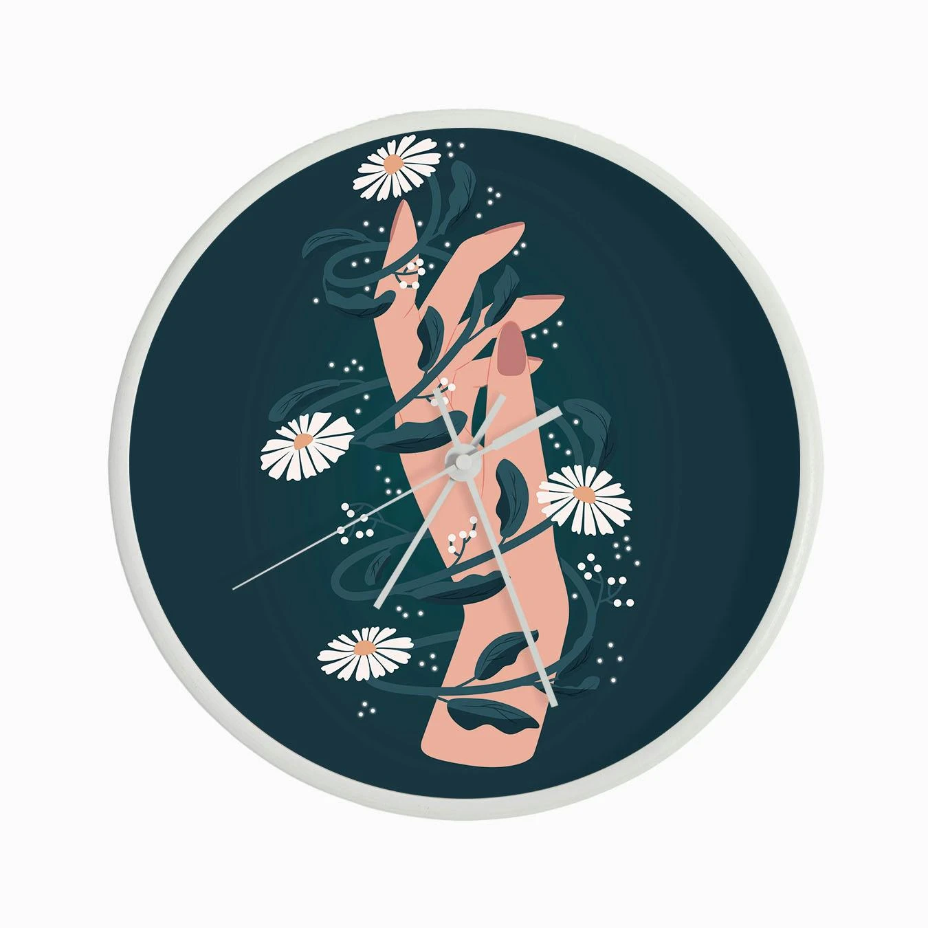 Elegant Hand Surrounded With Flowers On Deep Blue Clock - Image 3