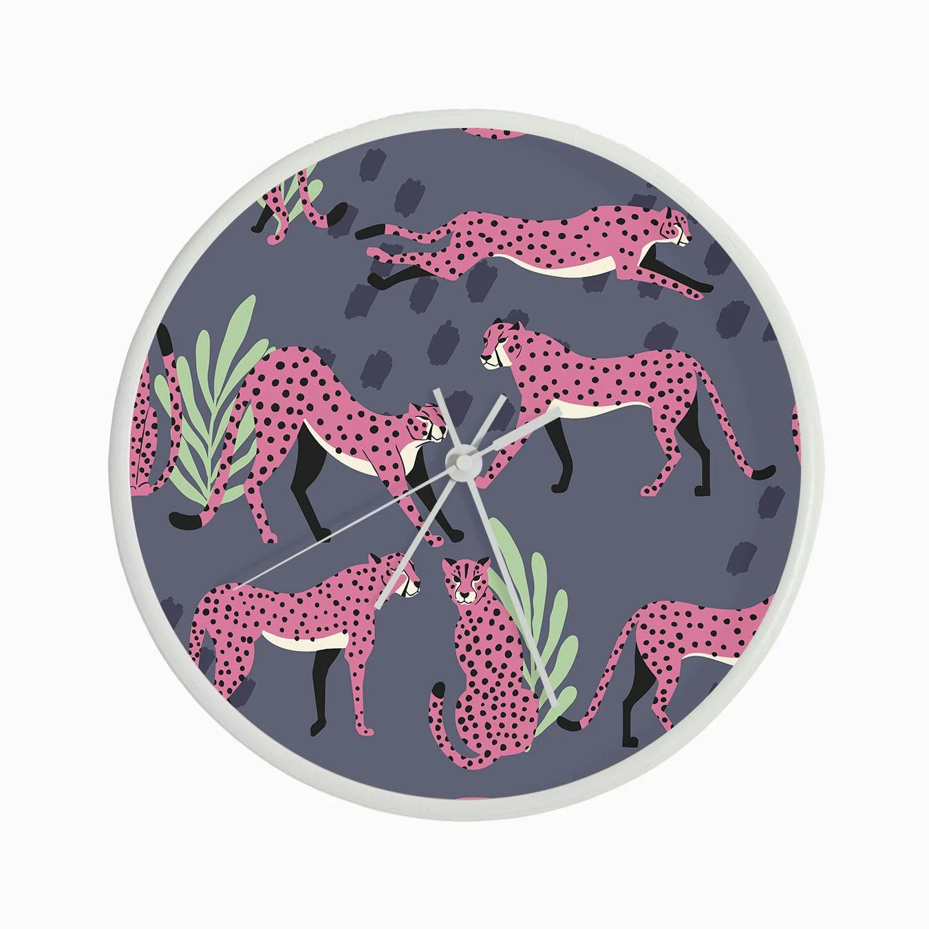 Tropical Pink Cheetah Pattern On Purple With Florals And Decoration Clock - Image 3