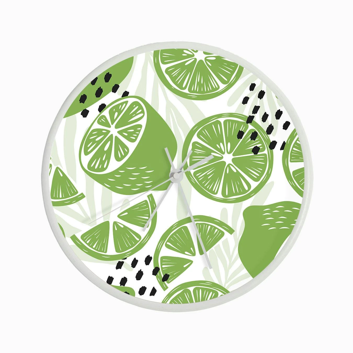 Lime Pattern On White With Floral Decoration Clock - Image 3